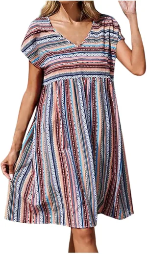 Women Casual Spring Summer Dresses V Neck Short Sleeve Vintage Striped Floral Boho Babydoll Swing Mini Beach Dress