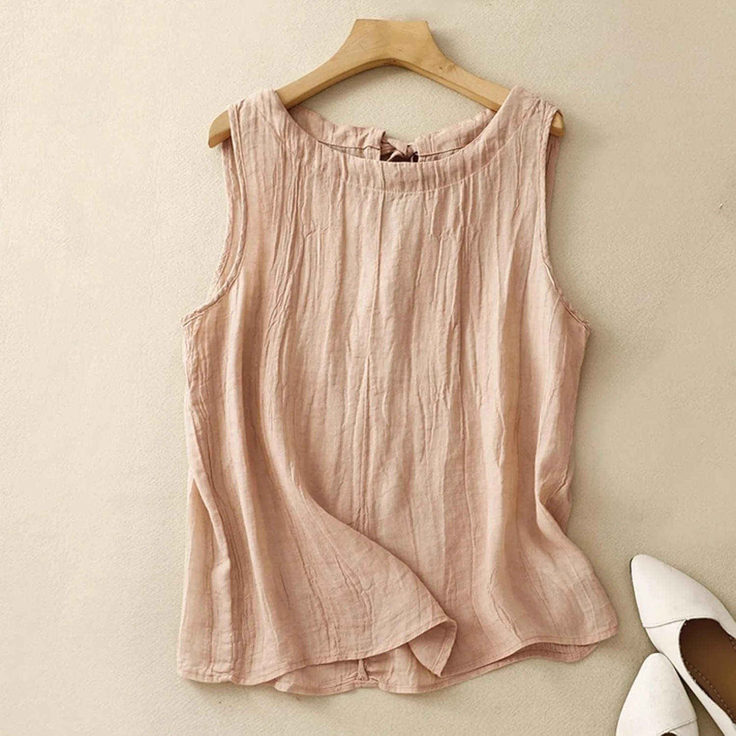 Women Cotton Linen Sleeveless Tank Tops Round Neck Gauze Shirt Casual Solid Color Loose Fit Comfy T-Shirt Blouse Vest