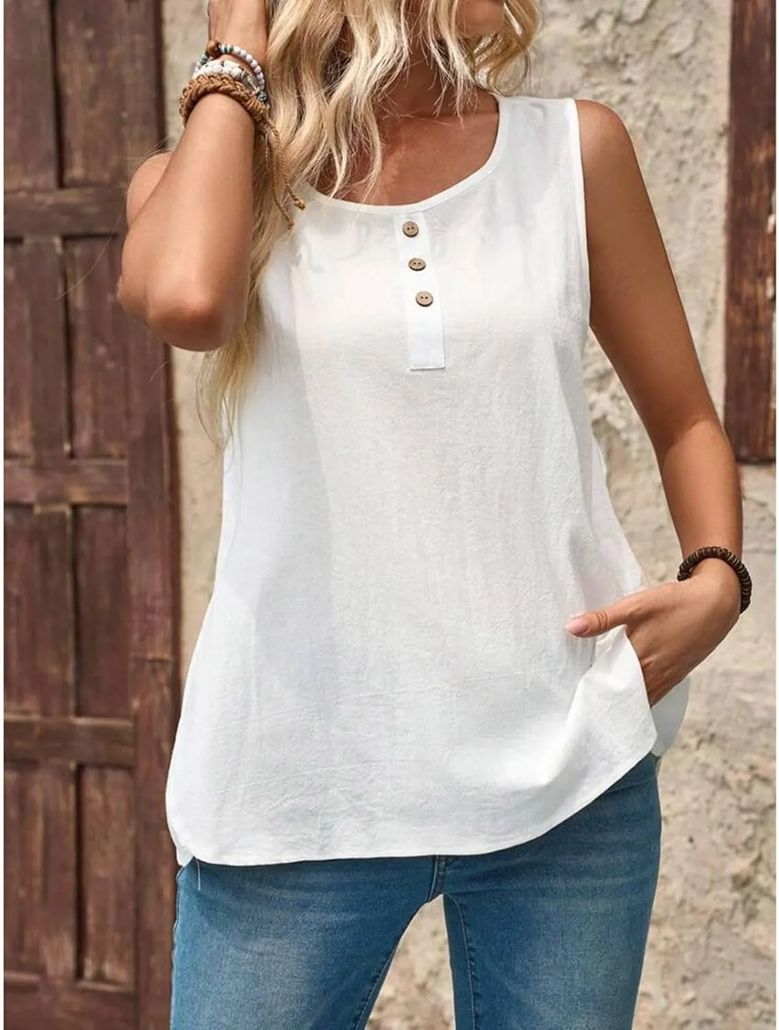 Women Cotton Linen Sleeveless Tank Tops Round Neck Gauze Shirt Casual Solid Color Loose Fit Comfy T-Shirt Blouse Vest