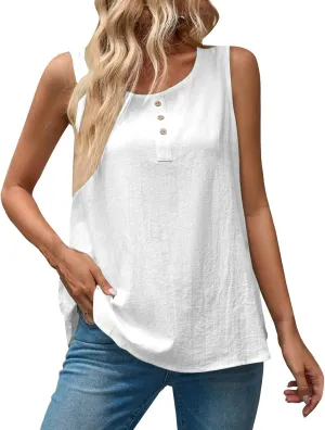Women Cotton Linen Sleeveless Tank Tops Round Neck Gauze Shirt Casual Solid Color Loose Fit Comfy T-Shirt Blouse Vest