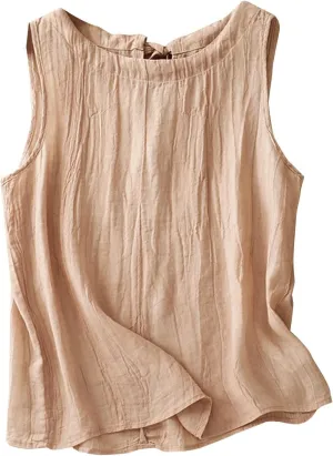 Women Cotton Linen Sleeveless Tank Tops Round Neck Gauze Shirt Casual Solid Color Loose Fit Comfy T-Shirt Blouse Vest
