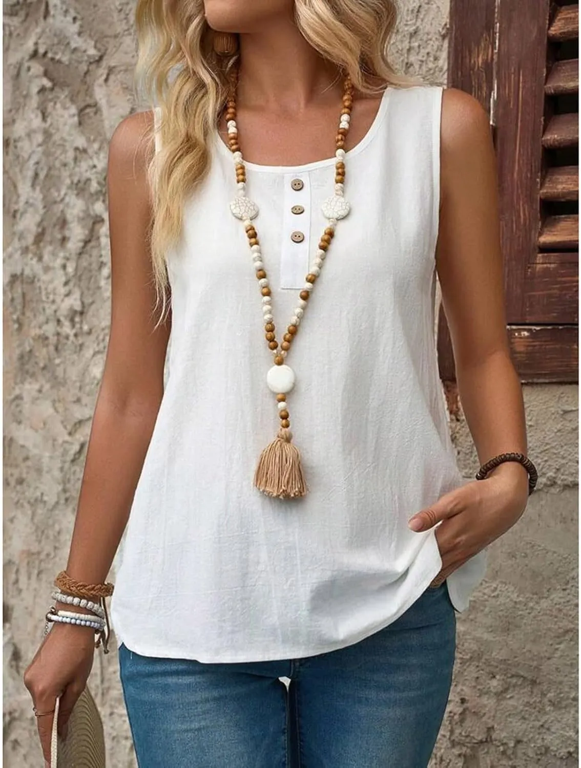 Women Cotton Linen Sleeveless Tank Tops Round Neck Gauze Shirt Casual Solid Color Loose Fit Comfy T-Shirt Blouse Vest