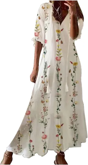 Women Elbow Sleeve V Neck Maxi Dress Fashion Grahpic Design Long Dresses Vintage A Line Casual Sundress