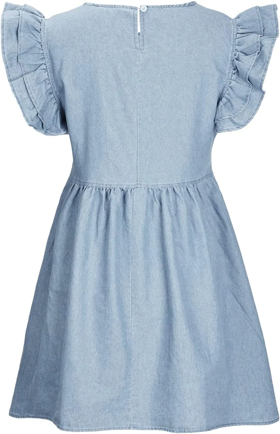 Women Fashion Ruffle Trim Sleeveless Babydoll Denim Dress Summer Round Neck Pleated Casual A-Line Mini Jean Dresses