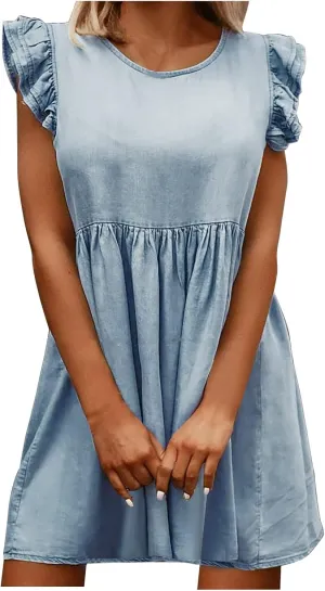 Women Fashion Ruffle Trim Sleeveless Babydoll Denim Dress Summer Round Neck Pleated Casual A-Line Mini Jean Dresses