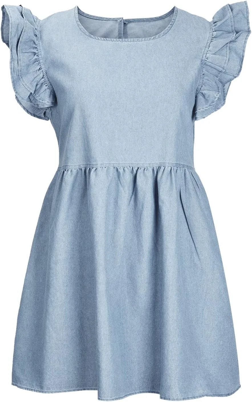 Women Fashion Ruffle Trim Sleeveless Babydoll Denim Dress Summer Round Neck Pleated Casual A-Line Mini Jean Dresses