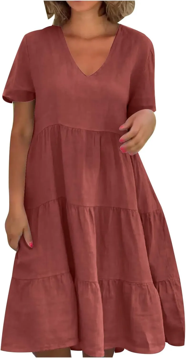 Women Fashion V-Neck Dress Solid Short Sleeve Tiered Tunic Dress Cotton Linen Dress Casual Summer Plus Size Sundress Coffee