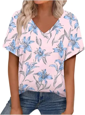 Women Floral Summer Tee Tops Dressy Casual Blouse Short Sleeve V Neck Loose Fit T Shirts Trendy Boho Clothes 2025