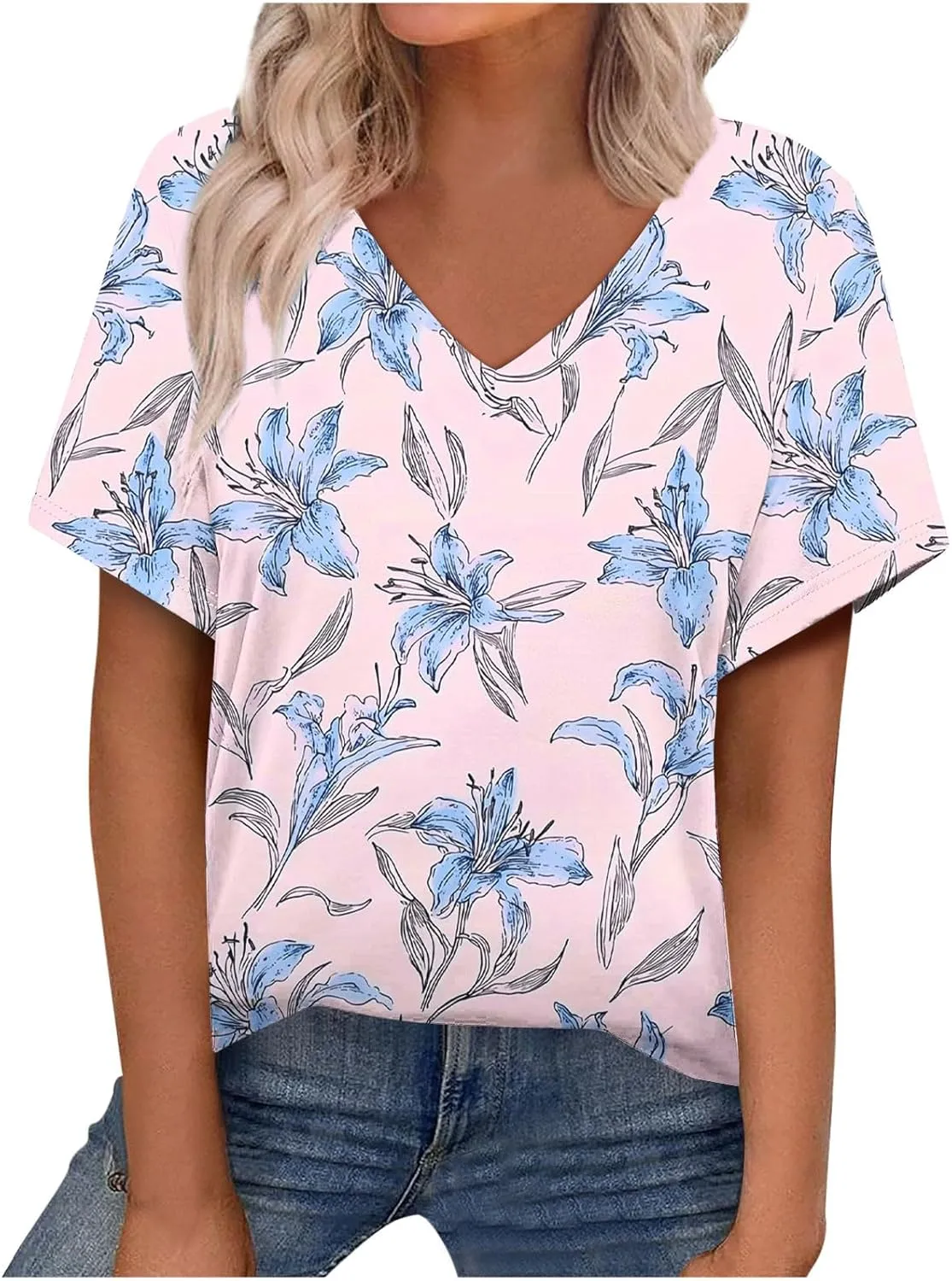 Women Floral Summer Tee Tops Dressy Casual Blouse Short Sleeve V Neck Loose Fit T Shirts Trendy Boho Clothes 2025