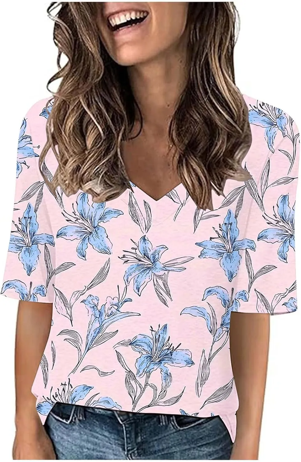 Women Floral Summer Tee Tops Dressy Casual Blouse Short Sleeve V Neck Loose Fit T Shirts Trendy Boho Clothes 2025
