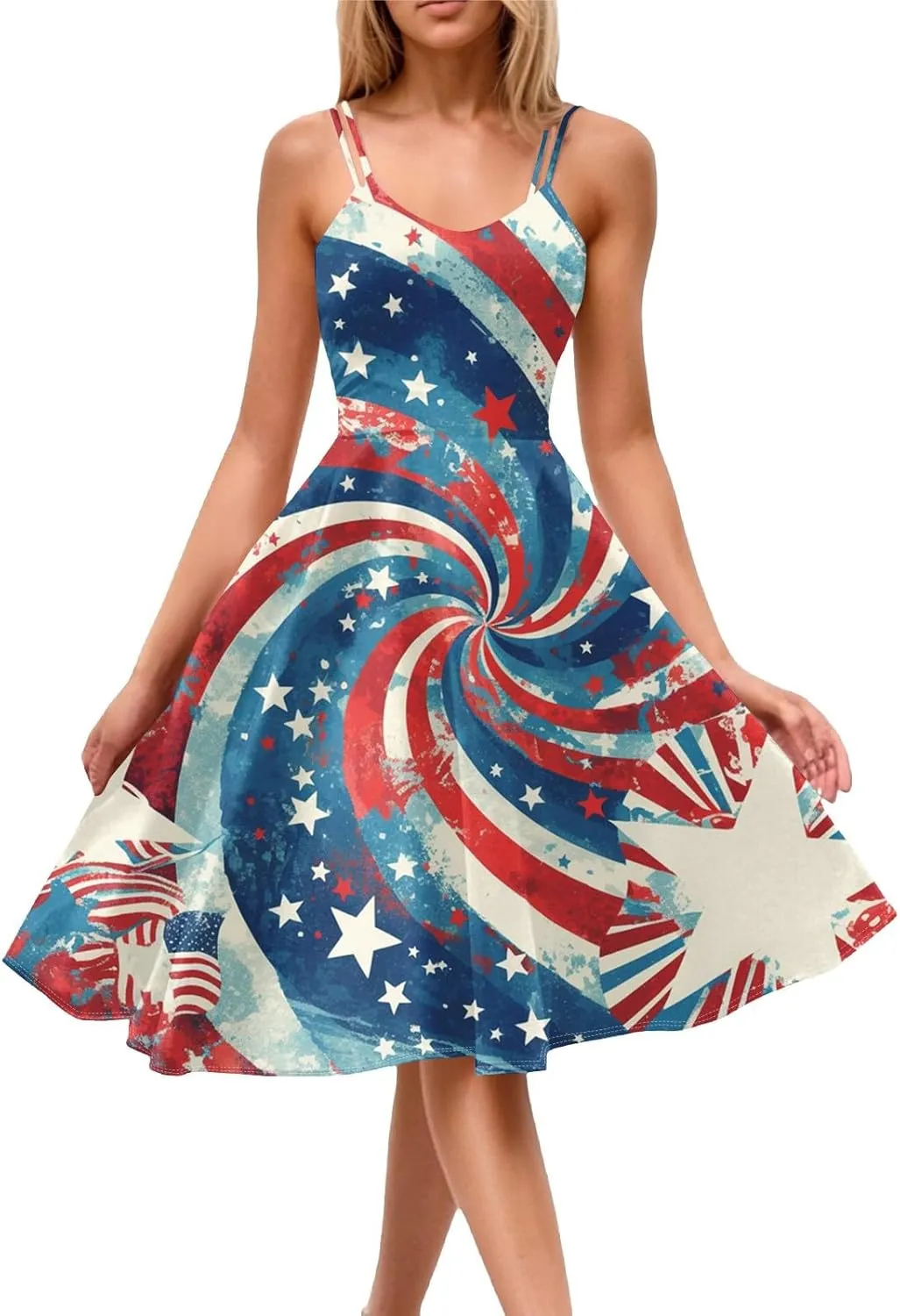 Women Fourth of July Dress Midi Red White and Blue Dresses Spaghetti Strap USA Flag Dress Holiday Festival Dresses