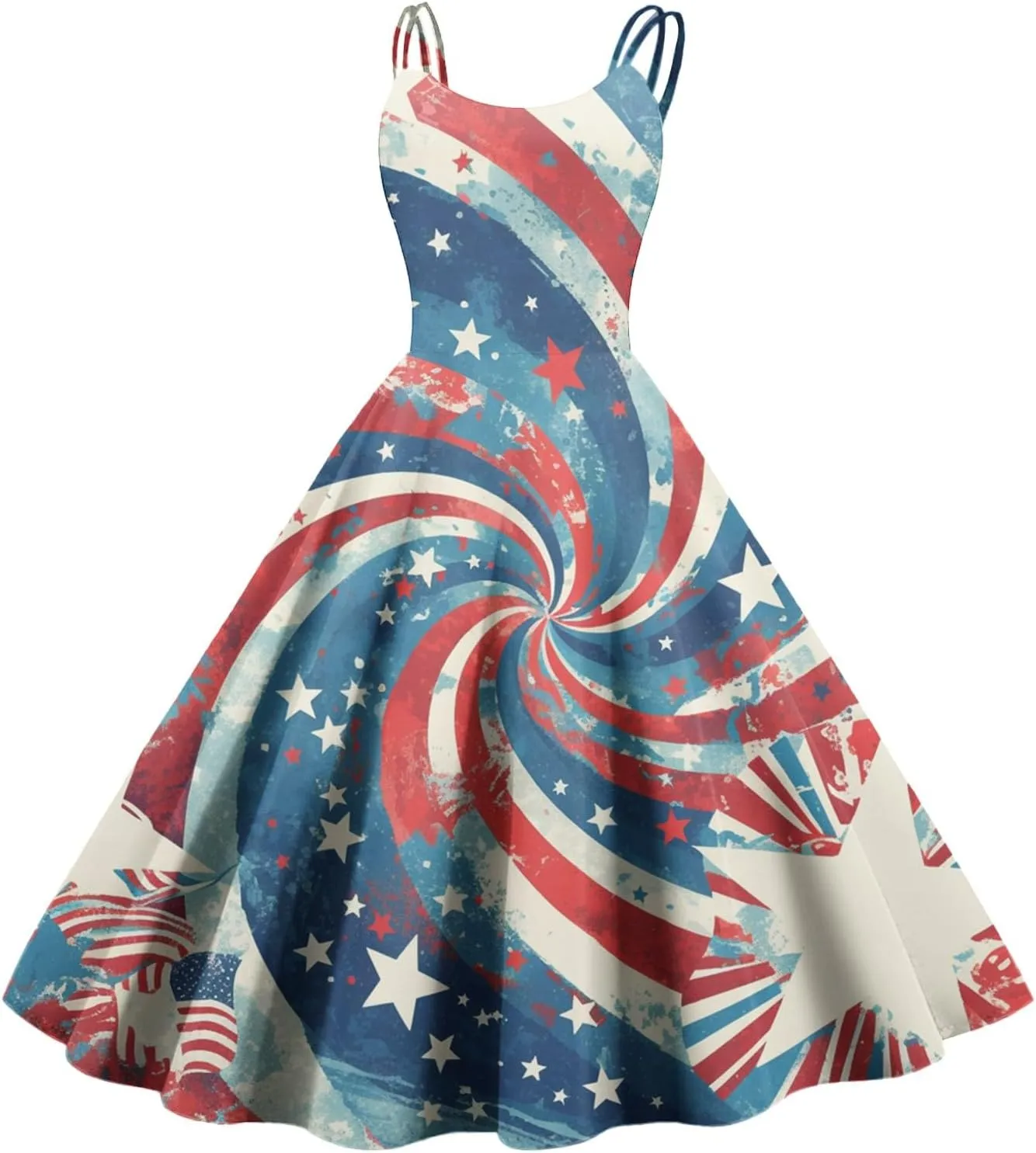 Women Fourth of July Dress Midi Red White and Blue Dresses Spaghetti Strap USA Flag Dress Holiday Festival Dresses