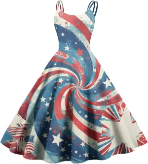 Women Fourth of July Dress Midi Red White and Blue Dresses Spaghetti Strap USA Flag Dress Holiday Festival Dresses