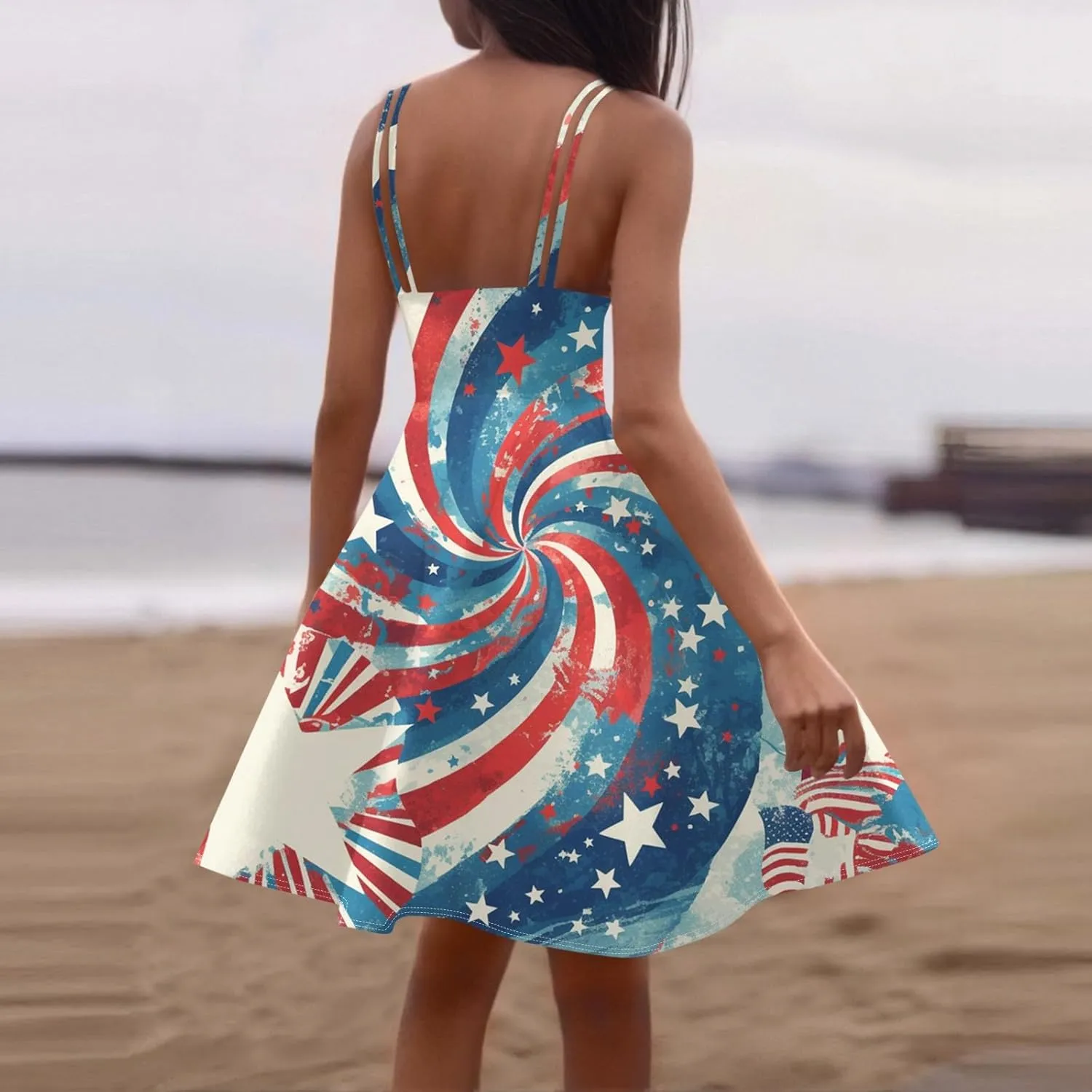 Women Fourth of July Dress Midi Red White and Blue Dresses Spaghetti Strap USA Flag Dress Holiday Festival Dresses