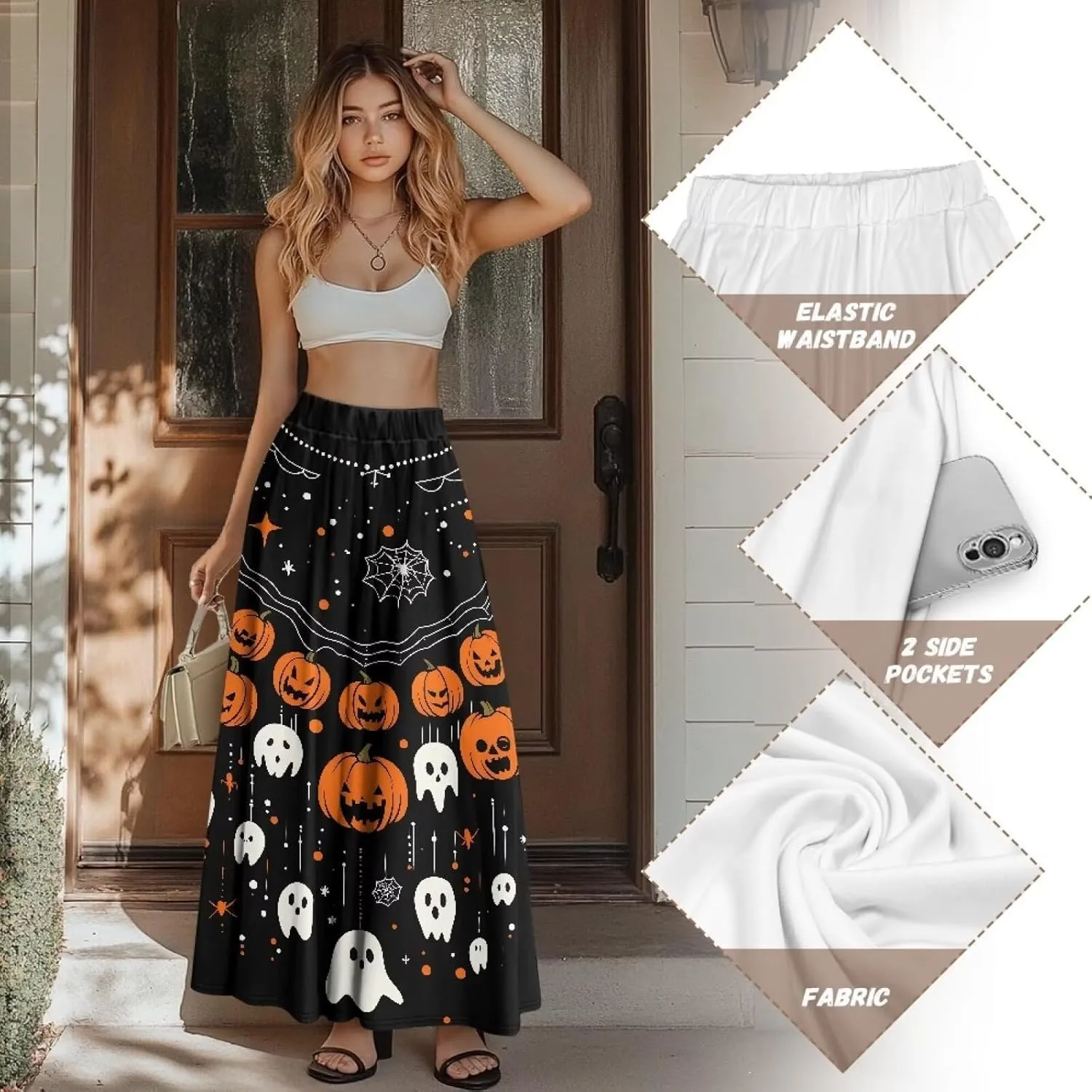 Women Full Length Skirt High Waisted Long Skirts with Pockets Lightweight Soft Flowy Swing A Line Maxi Skirt S-2XL