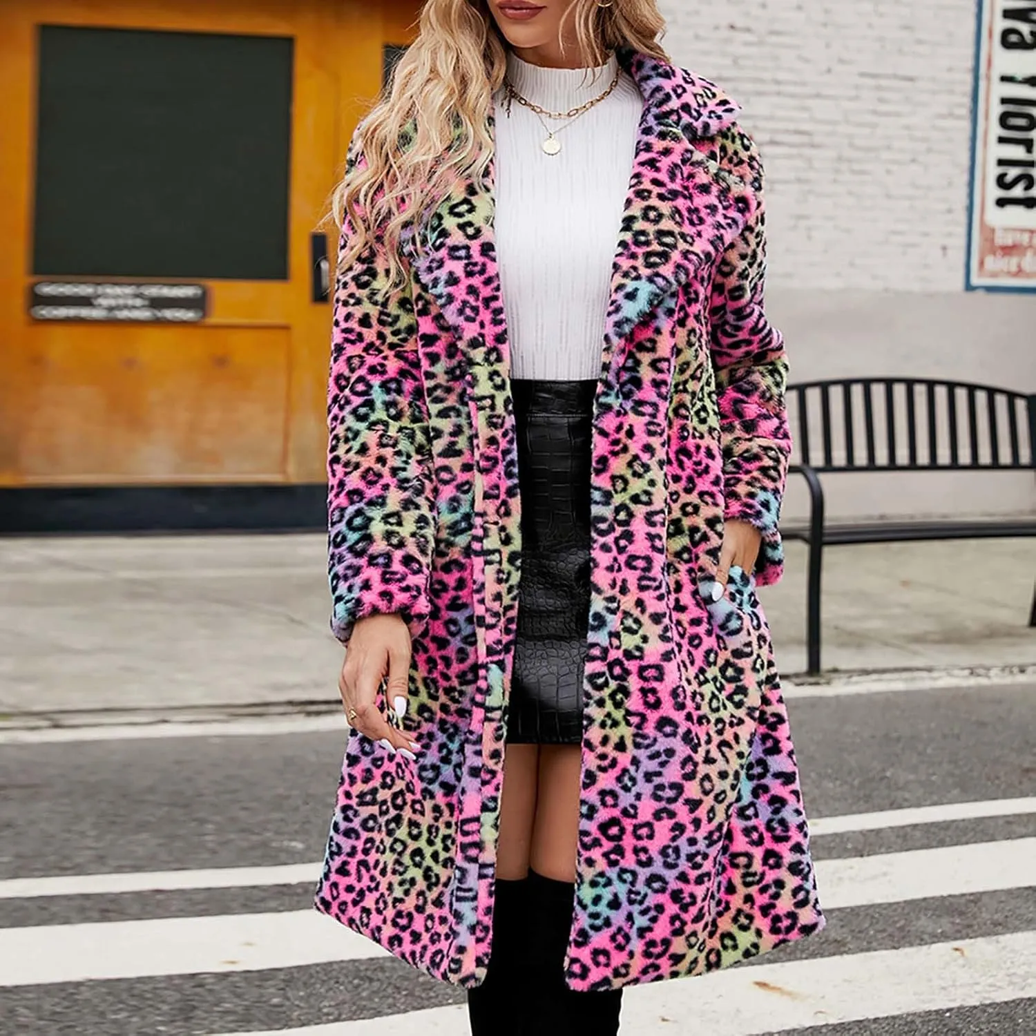 Women Ladies Leopard Overcoat Warm Faux Furry Jackets Winter Coats Turn Down Collar Cardigan Long Outerwear