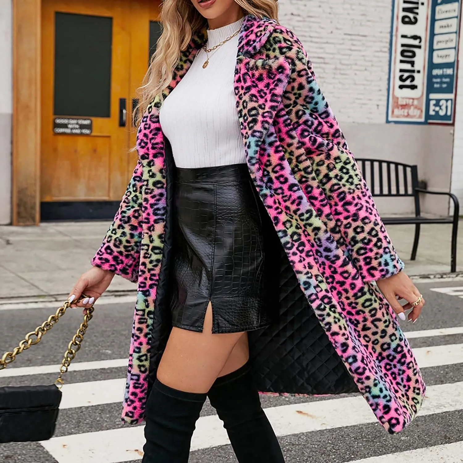 Women Ladies Leopard Overcoat Warm Faux Furry Jackets Winter Coats Turn Down Collar Cardigan Long Outerwear