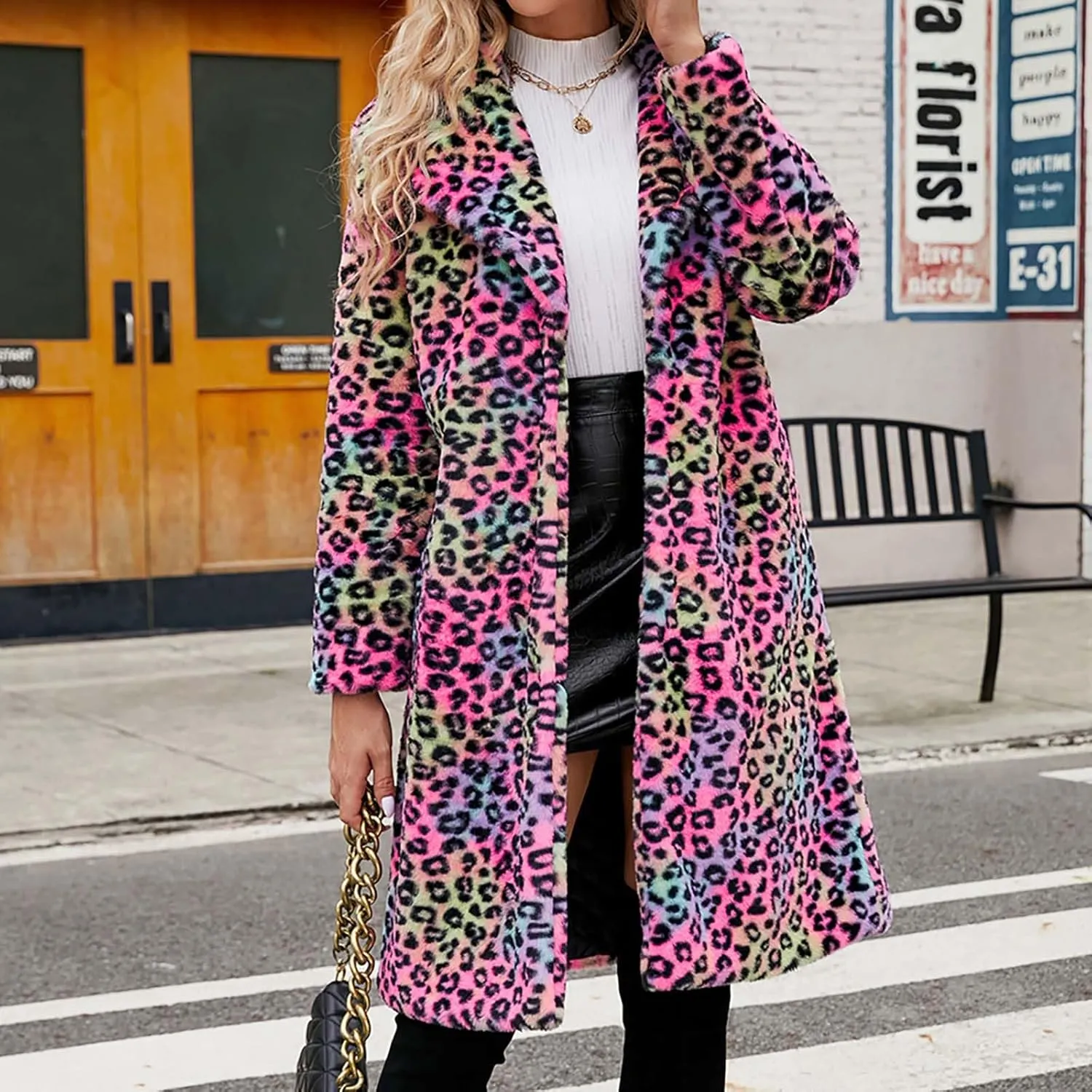 Women Ladies Leopard Overcoat Warm Faux Furry Jackets Winter Coats Turn Down Collar Cardigan Long Outerwear