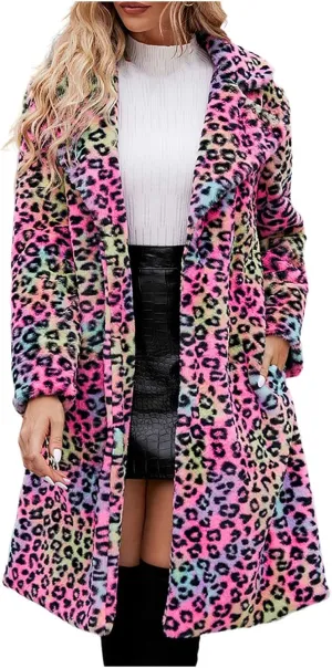 Women Ladies Leopard Overcoat Warm Faux Furry Jackets Winter Coats Turn Down Collar Cardigan Long Outerwear