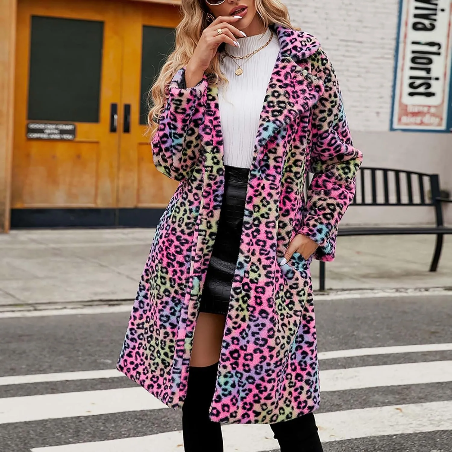 Women Ladies Leopard Overcoat Warm Faux Furry Jackets Winter Coats Turn Down Collar Cardigan Long Outerwear
