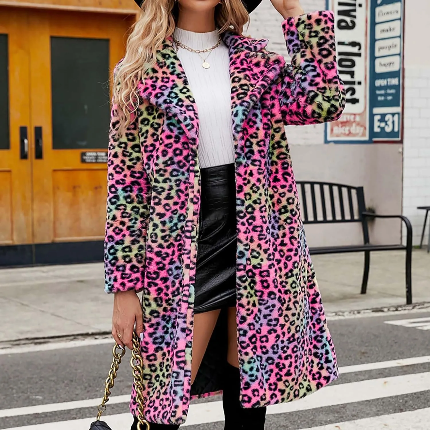 Women Ladies Leopard Overcoat Warm Faux Furry Jackets Winter Coats Turn Down Collar Cardigan Long Outerwear