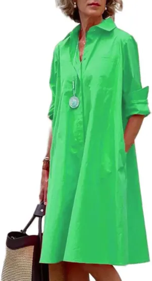 Women Linen Button Down Shirt Dresses Midi Length V Neck Long Sleeve Loose Casual with Pockets Front Button Dress