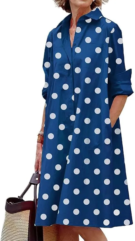 Women Linen Button Down Shirt Dresses Midi Length V Neck Long Sleeve Loose Casual with Pockets Front Button Dress