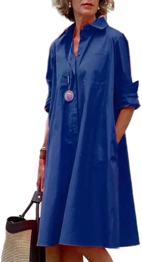 Women Linen Button Down Shirt Dresses Midi Length V Neck Long Sleeve Loose Casual with Pockets Front Button Dress