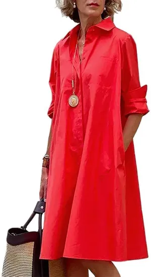 Women Linen Button Down Shirt Dresses Midi Length V Neck Long Sleeve Loose Casual with Pockets Front Button Dress