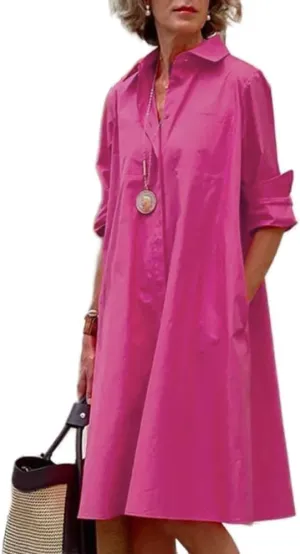 Women Linen Button Down Shirt Dresses Midi Length V Neck Long Sleeve Loose Casual with Pockets Front Button Dress