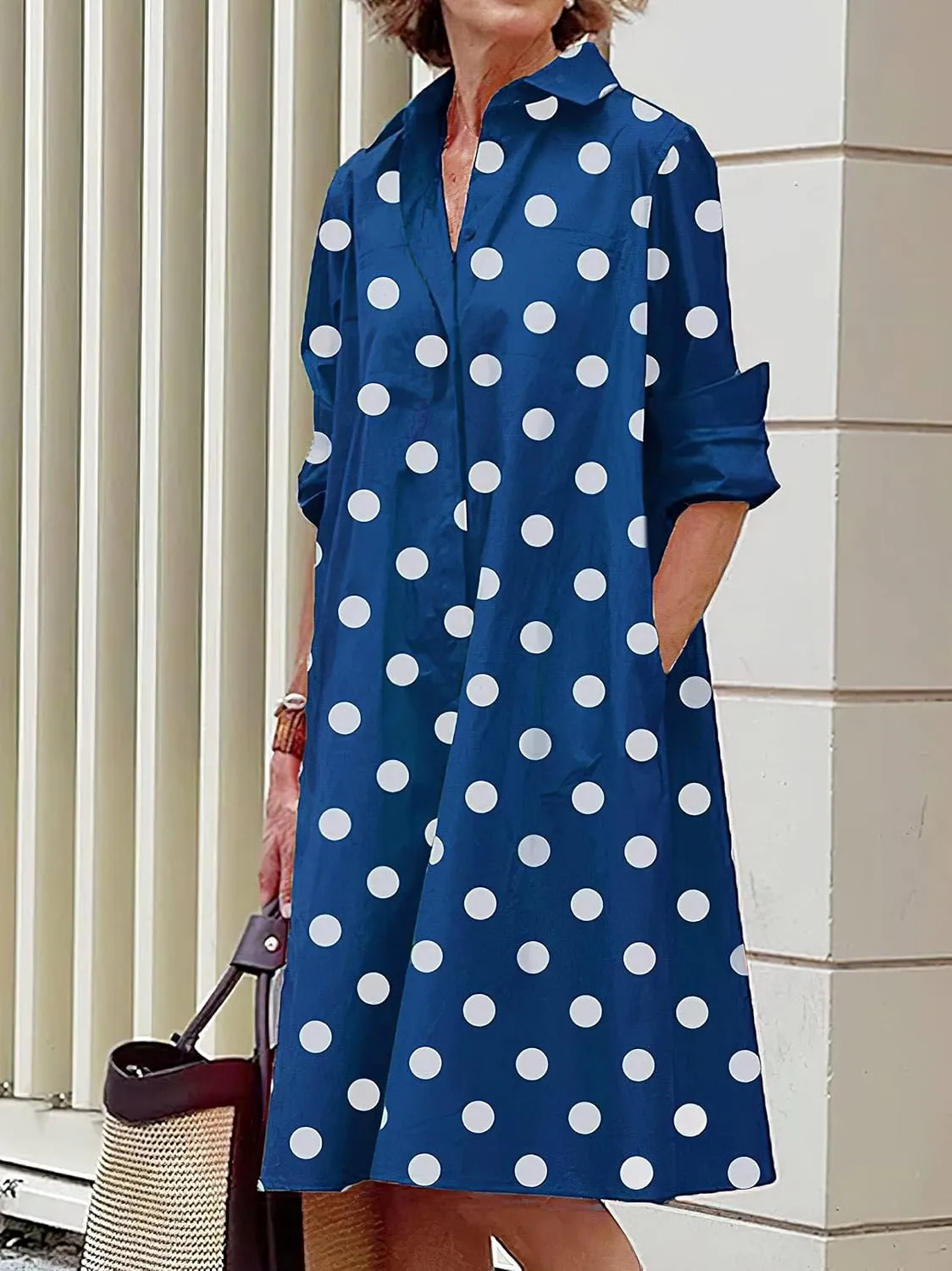 Women Linen Button Down Shirt Dresses Midi Length V Neck Long Sleeve Loose Casual with Pockets Front Button Dress