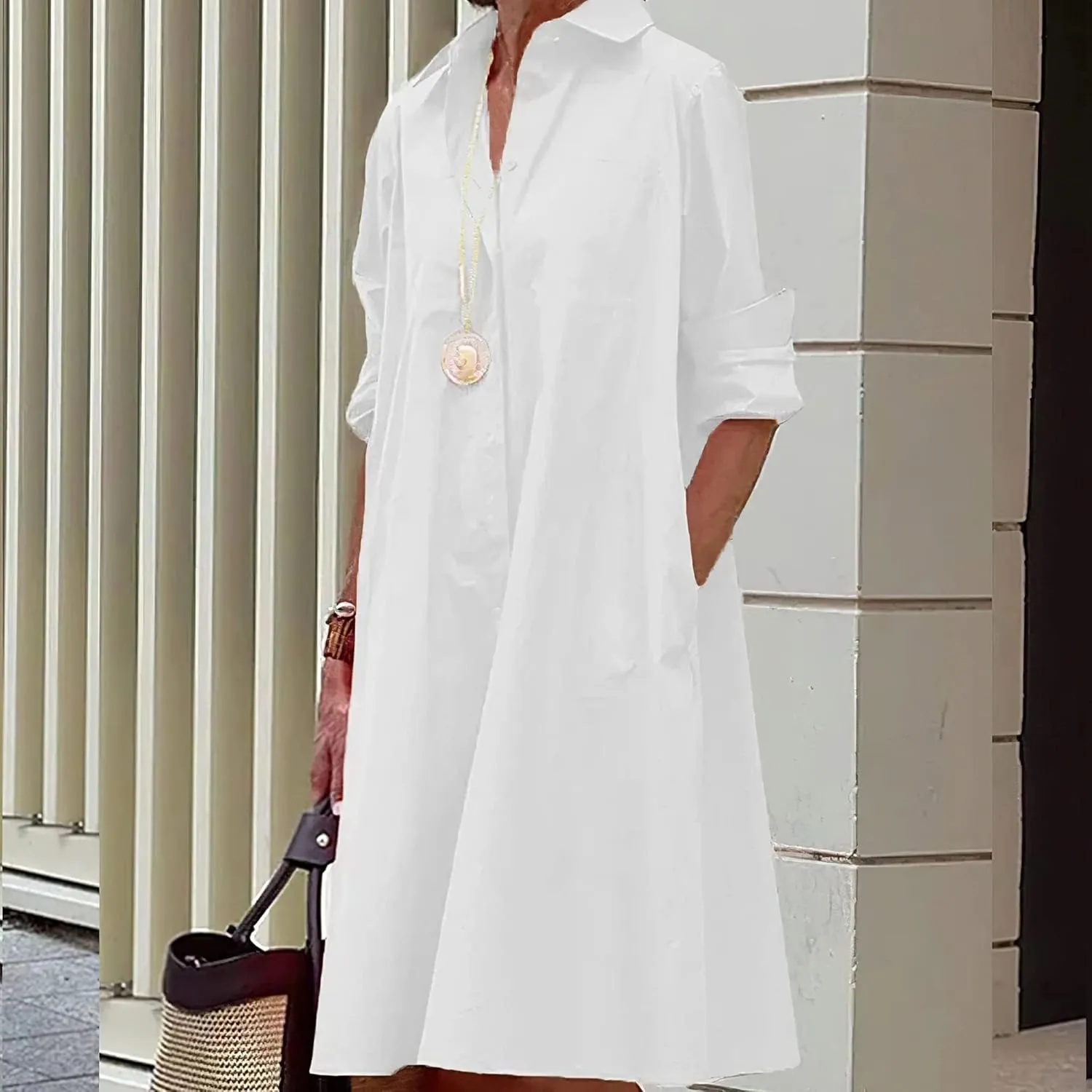 Women Linen Button Down Shirt Dresses Midi Length V Neck Long Sleeve Loose Casual with Pockets Front Button Dress