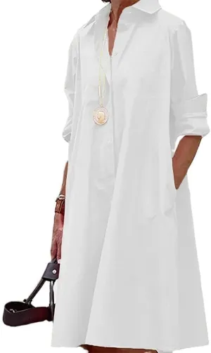 Women Linen Button Down Shirt Dresses Midi Length V Neck Long Sleeve Loose Casual with Pockets Front Button Dress