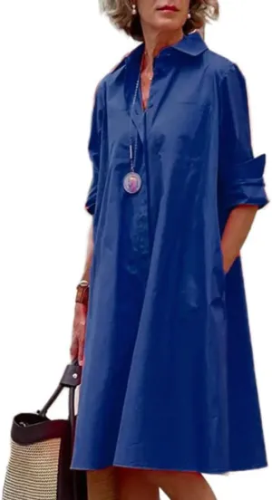 Women Linen Button Down Shirt Dresses Midi Length V Neck Long Sleeve Loose Casual with Pockets Front Button Dress