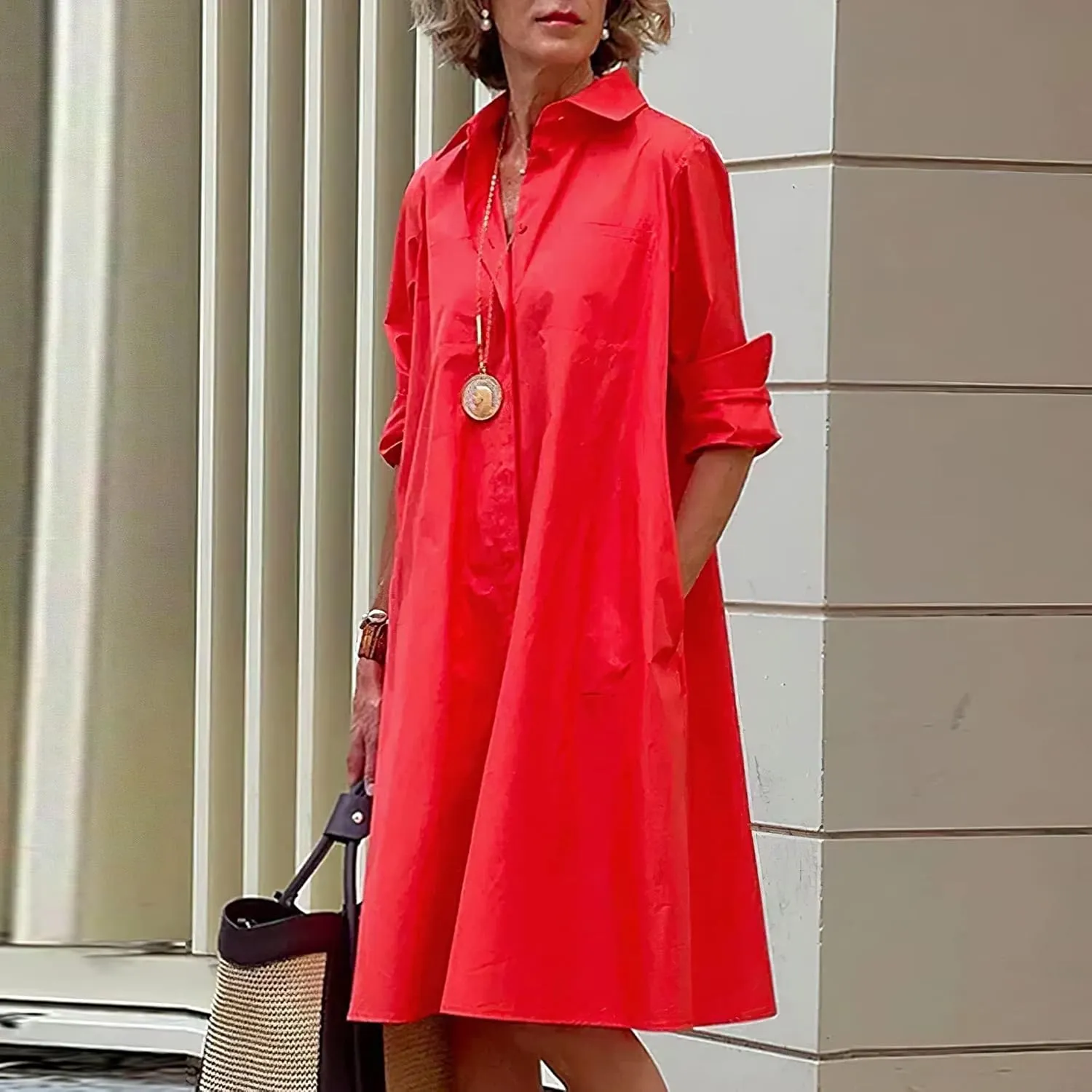 Women Linen Button Down Shirt Dresses Midi Length V Neck Long Sleeve Loose Casual with Pockets Front Button Dress