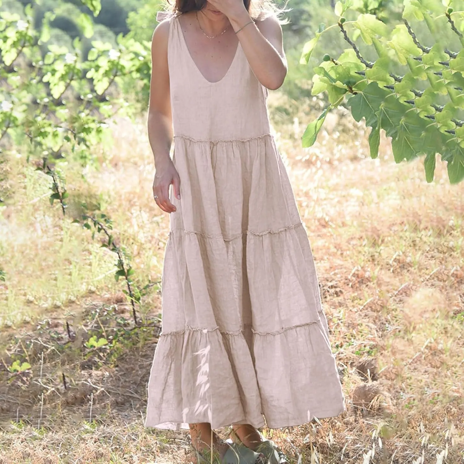 Women Linen Dress Summer Sleeveless Maxi Dresses Spaghetti Strap Flowy Dress Boho Beach Long Dresses Casual Sundress