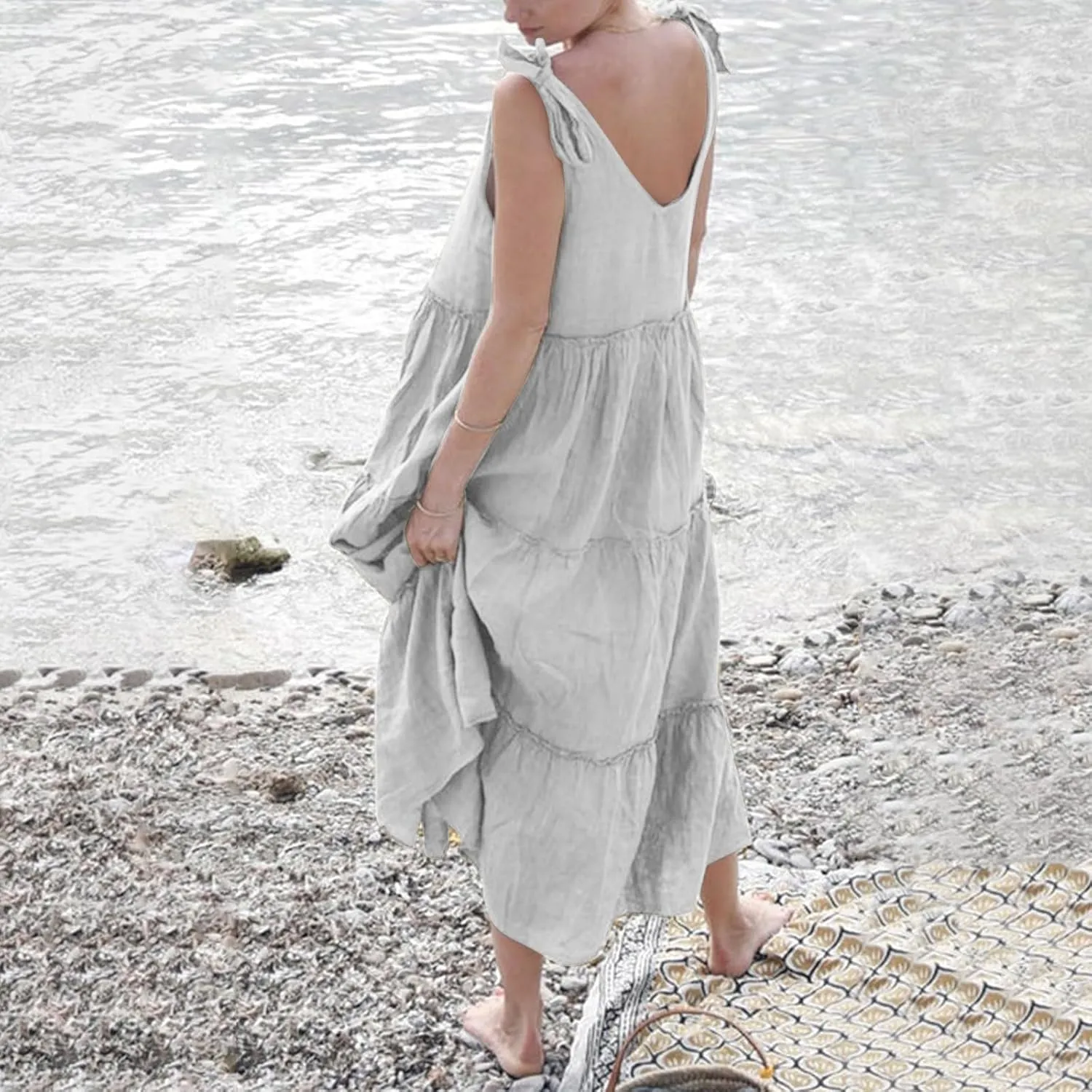 Women Linen Dress Summer Sleeveless Maxi Dresses Spaghetti Strap Flowy Dress Boho Beach Long Dresses Casual Sundress
