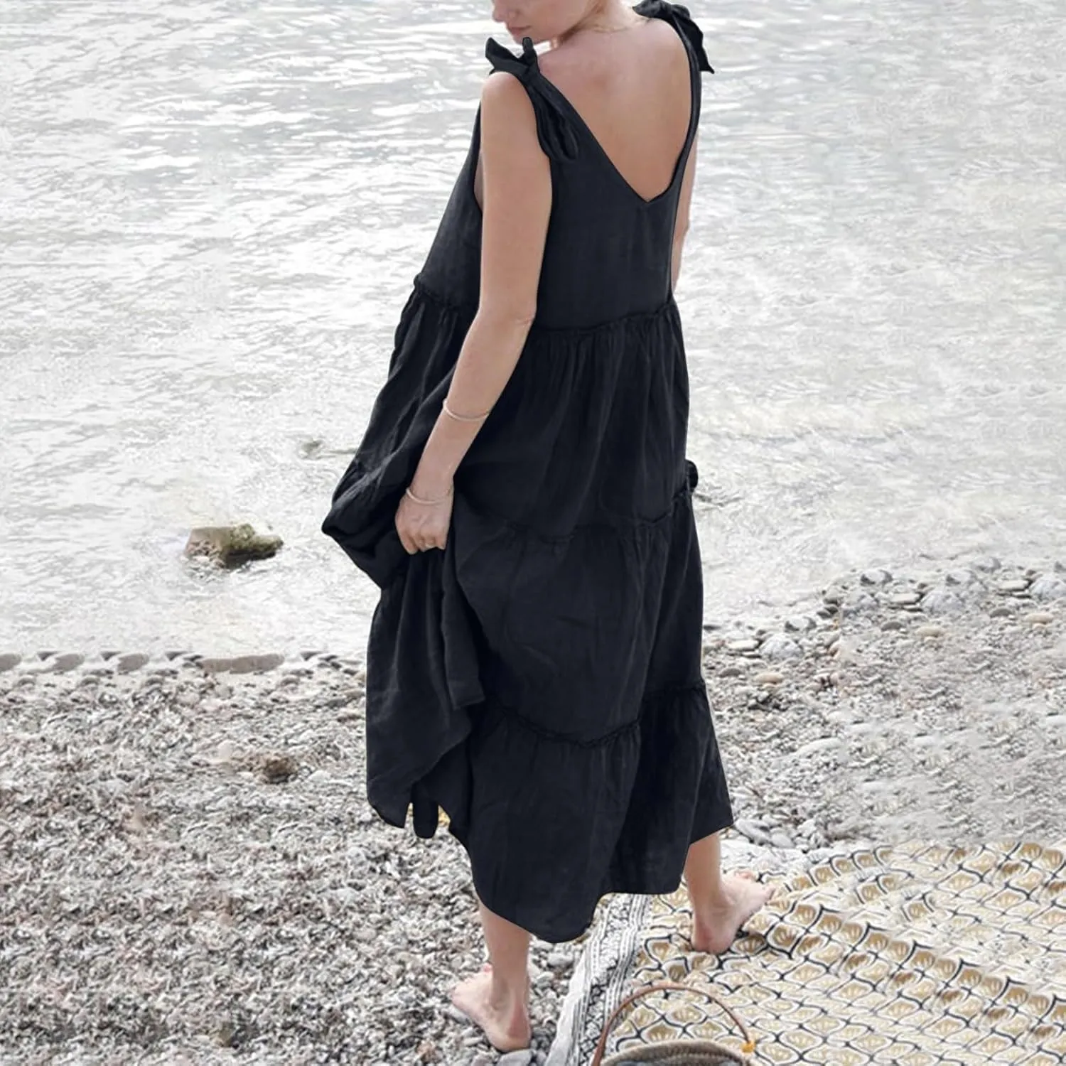 Women Linen Dress Summer Sleeveless Maxi Dresses Spaghetti Strap Flowy Dress Boho Beach Long Dresses Casual Sundress