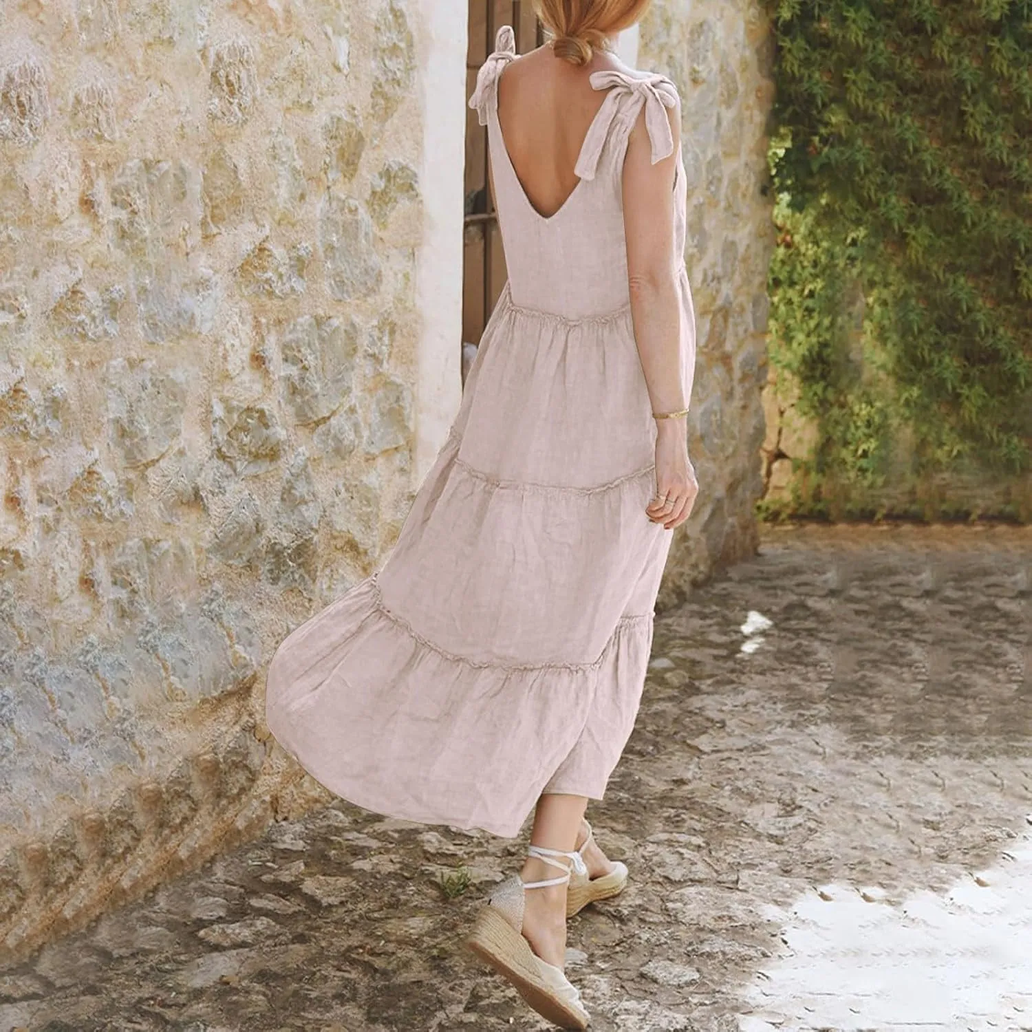 Women Linen Dress Summer Sleeveless Maxi Dresses Spaghetti Strap Flowy Dress Boho Beach Long Dresses Casual Sundress