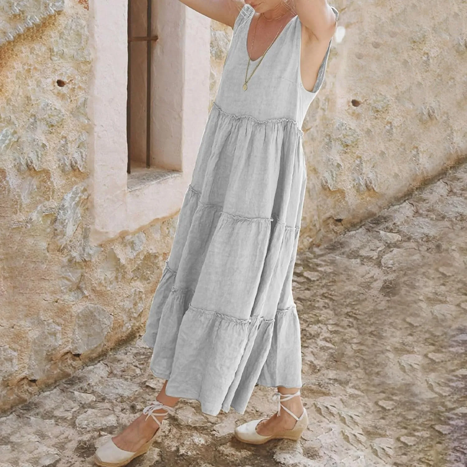 Women Linen Dress Summer Sleeveless Maxi Dresses Spaghetti Strap Flowy Dress Boho Beach Long Dresses Casual Sundress