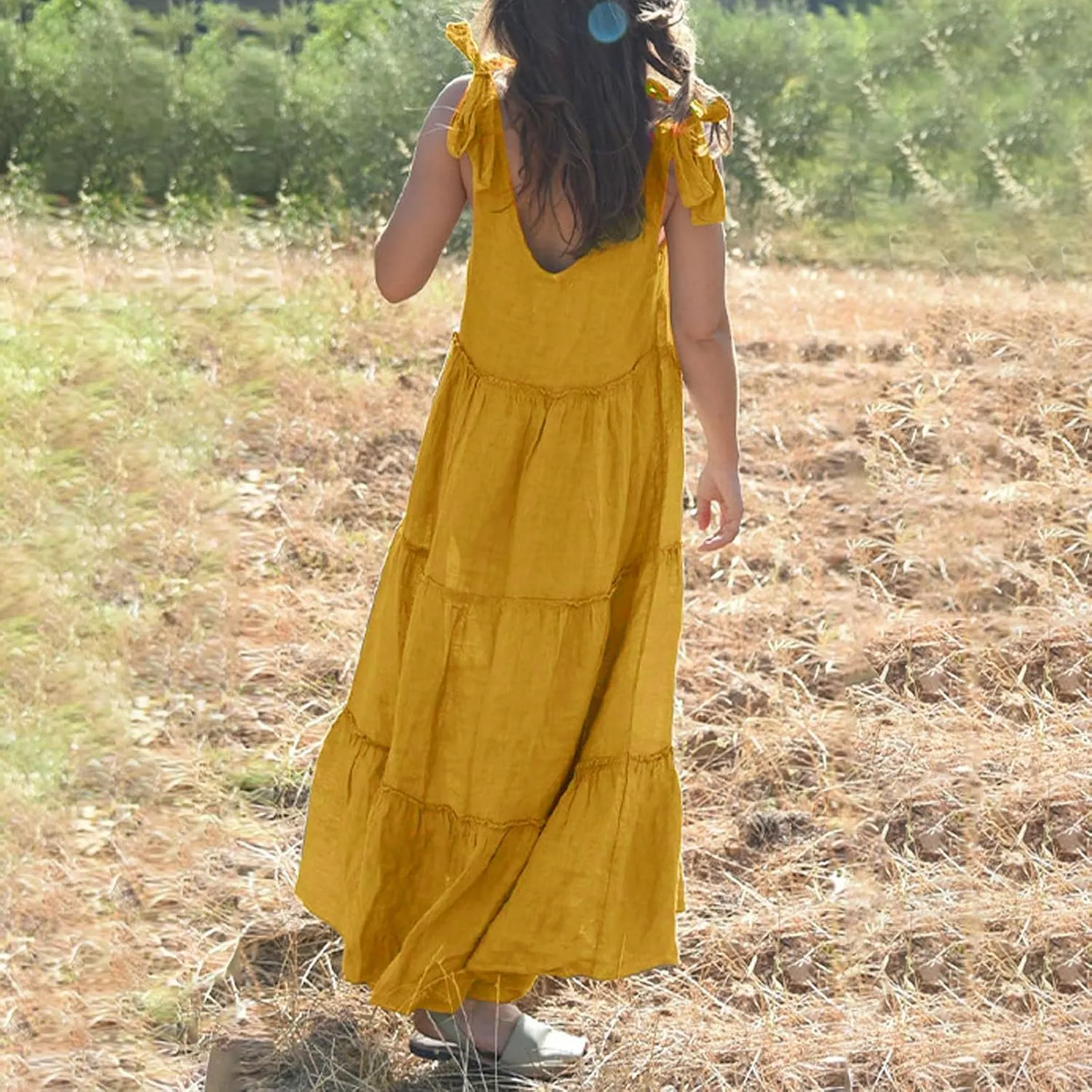 Women Linen Dress Summer Sleeveless Maxi Dresses Spaghetti Strap Flowy Dress Boho Beach Long Dresses Casual Sundress