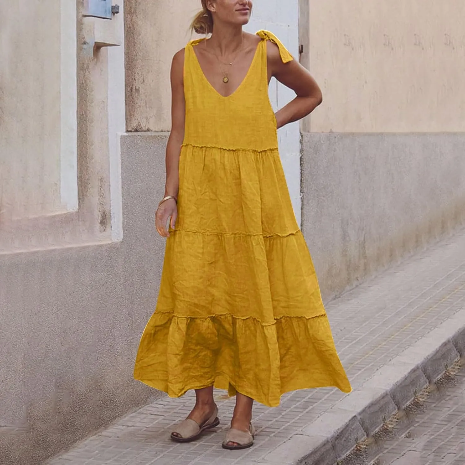 Women Linen Dress Summer Sleeveless Maxi Dresses Spaghetti Strap Flowy Dress Boho Beach Long Dresses Casual Sundress