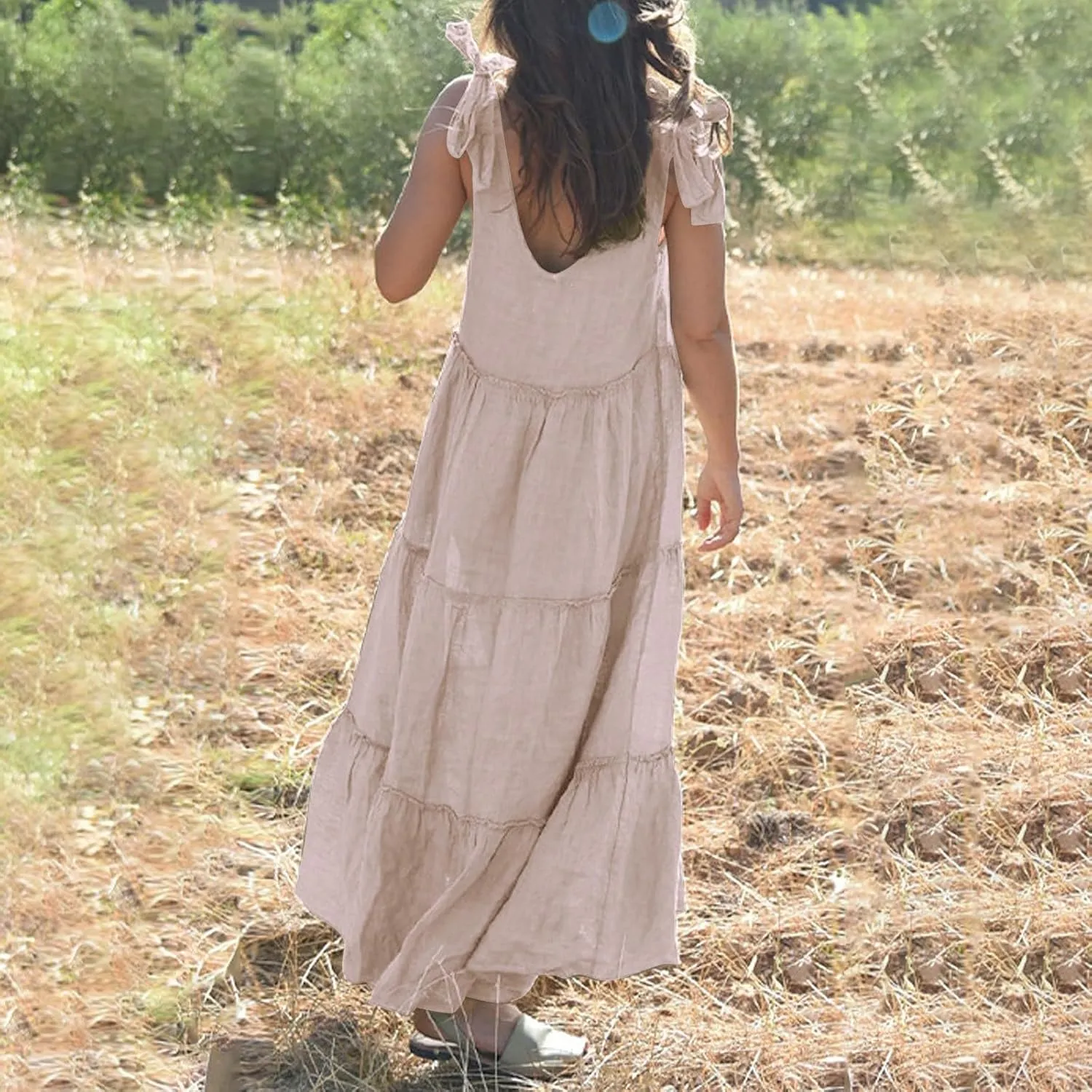 Women Linen Dress Summer Sleeveless Maxi Dresses Spaghetti Strap Flowy Dress Boho Beach Long Dresses Casual Sundress