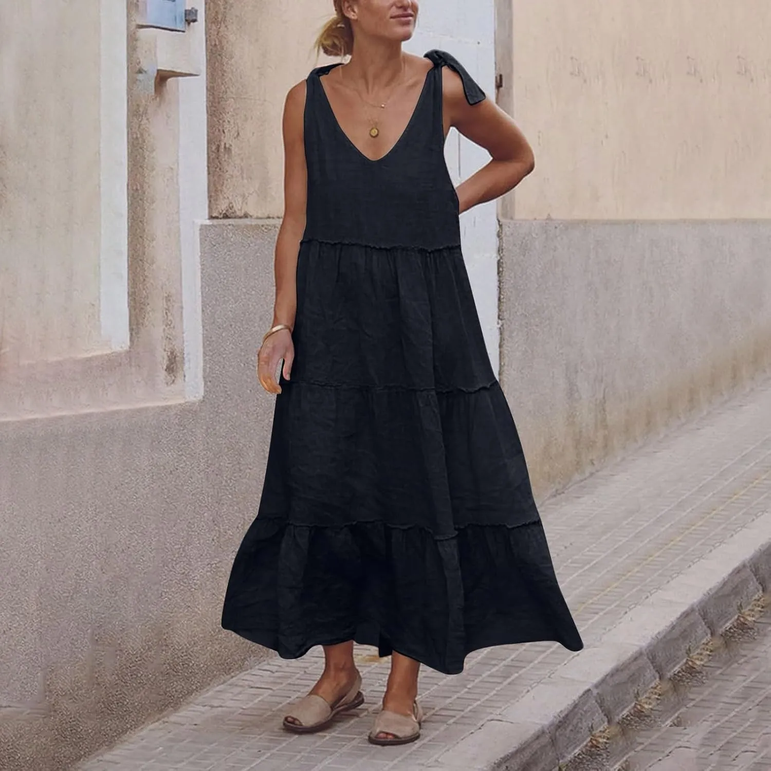 Women Linen Dress Summer Sleeveless Maxi Dresses Spaghetti Strap Flowy Dress Boho Beach Long Dresses Casual Sundress