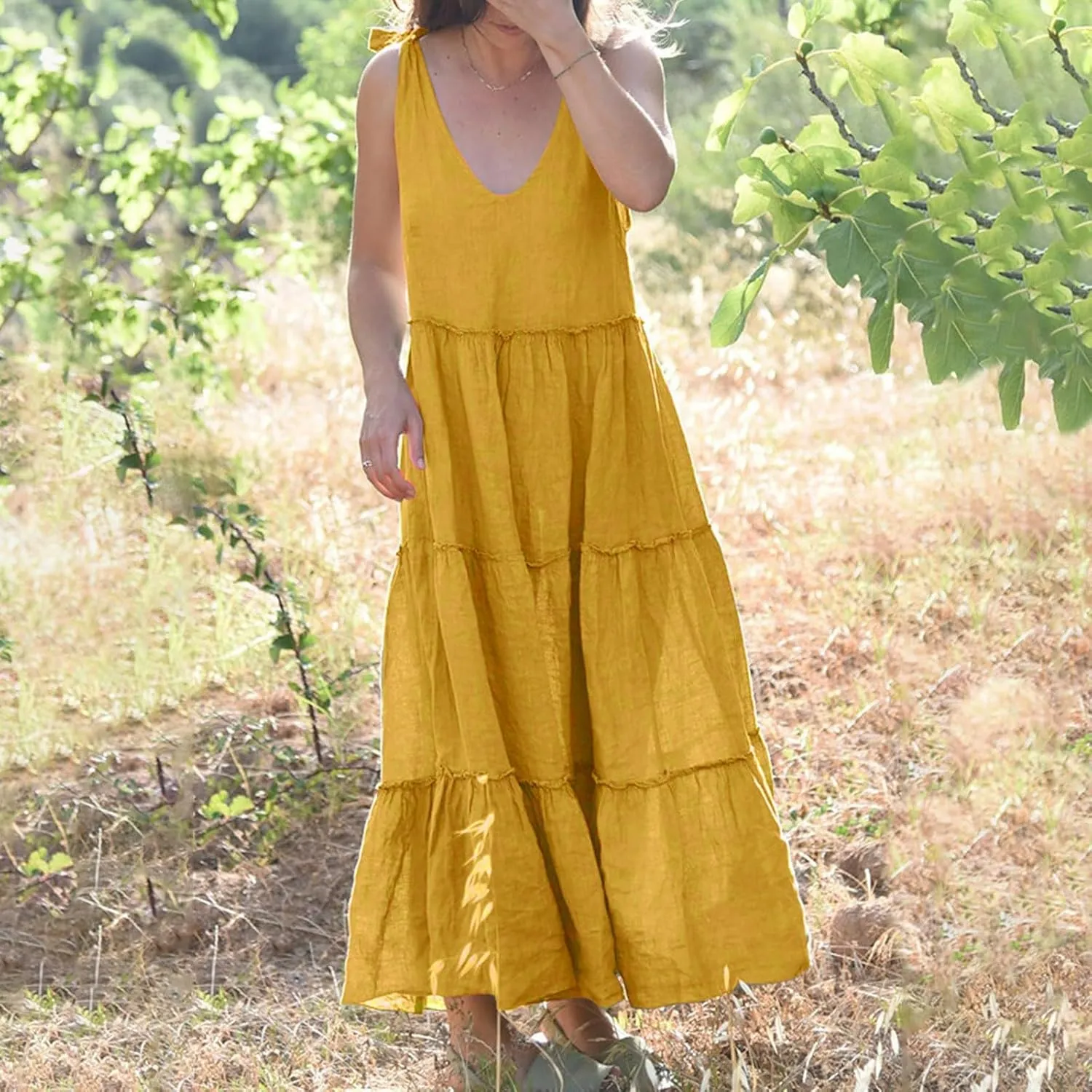 Women Linen Dress Summer Sleeveless Maxi Dresses Spaghetti Strap Flowy Dress Boho Beach Long Dresses Casual Sundress
