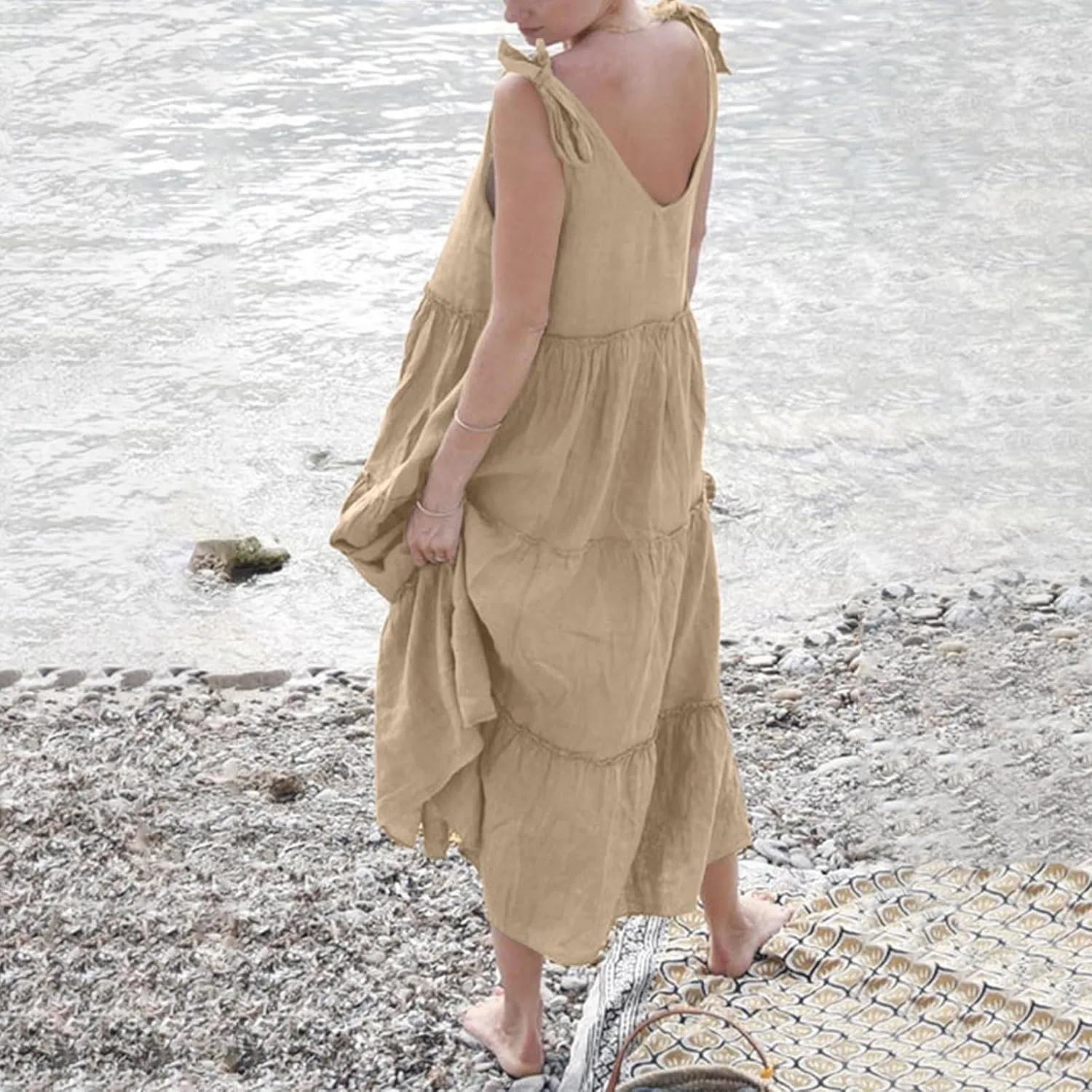 Women Linen Dress Summer Sleeveless Maxi Dresses Spaghetti Strap Flowy Dress Boho Beach Long Dresses Casual Sundress
