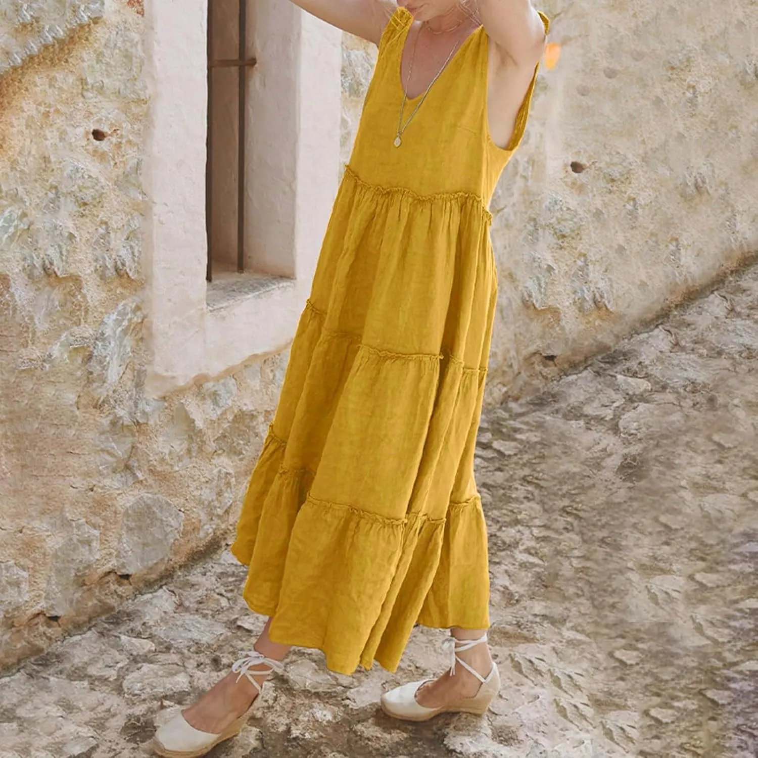 Women Linen Dress Summer Sleeveless Maxi Dresses Spaghetti Strap Flowy Dress Boho Beach Long Dresses Casual Sundress