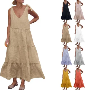 Women Linen Dress Summer Sleeveless Maxi Dresses Spaghetti Strap Flowy Dress Boho Beach Long Dresses Casual Sundress