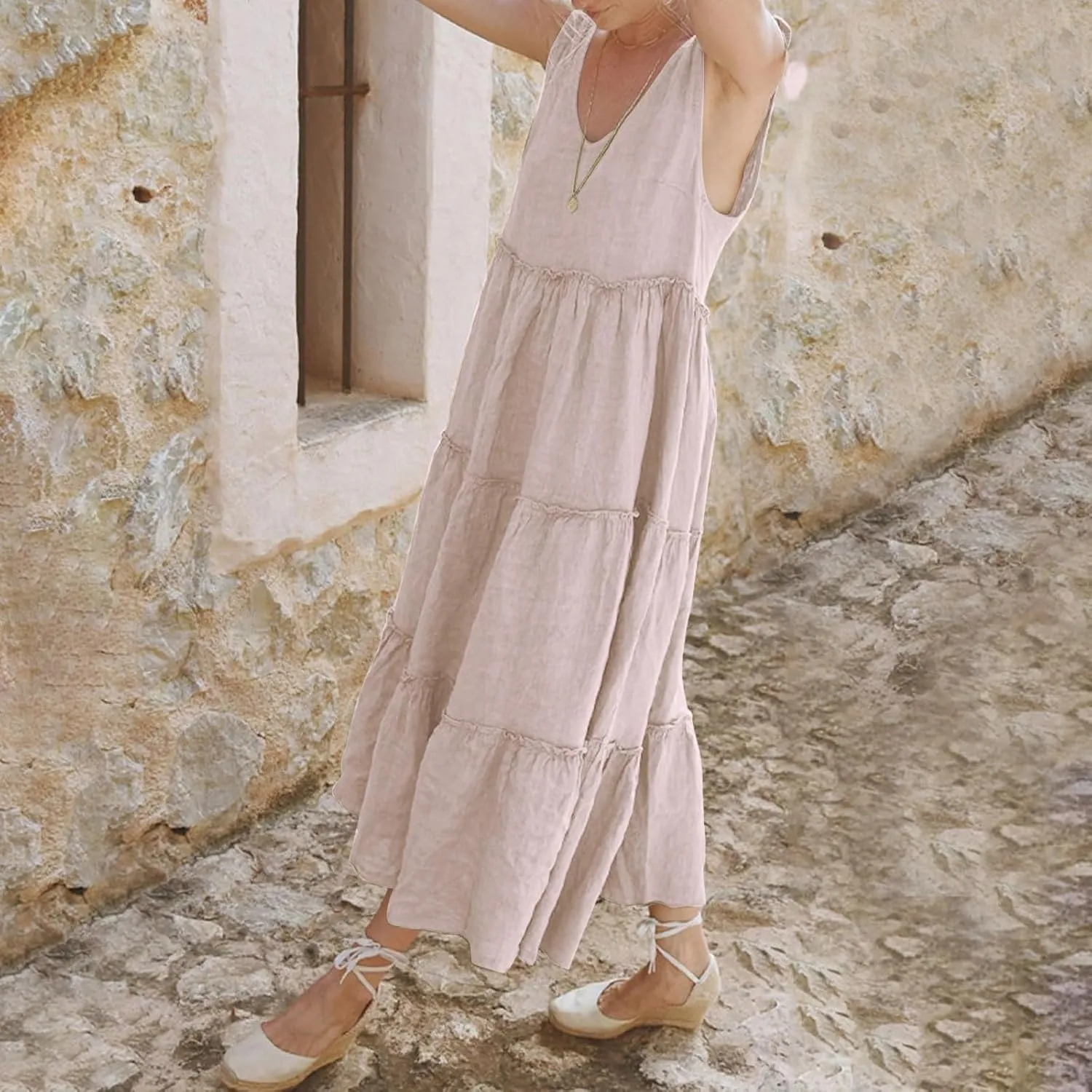 Women Linen Dress Summer Sleeveless Maxi Dresses Spaghetti Strap Flowy Dress Boho Beach Long Dresses Casual Sundress
