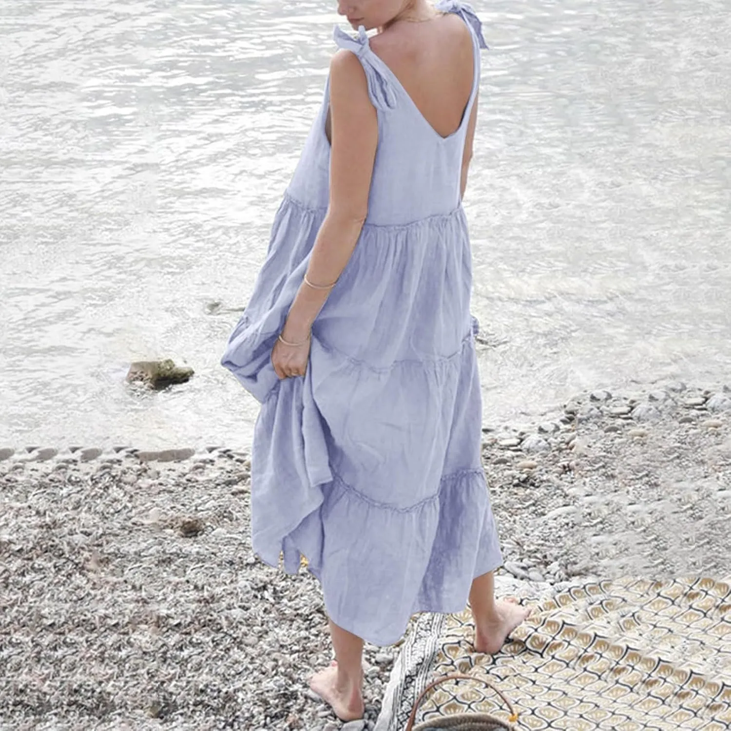 Women Linen Dress Summer Sleeveless Maxi Dresses Spaghetti Strap Flowy Dress Boho Beach Long Dresses Casual Sundress